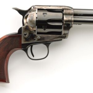 A black and brown revolver with a wooden grip and a steel barrel against a white background.