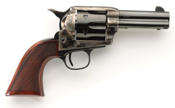 A black and brown revolver with a wooden grip and a steel barrel against a white background.