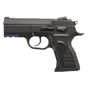 Black semi-automatic pistol with textured grip and slide-mounted safety lever.