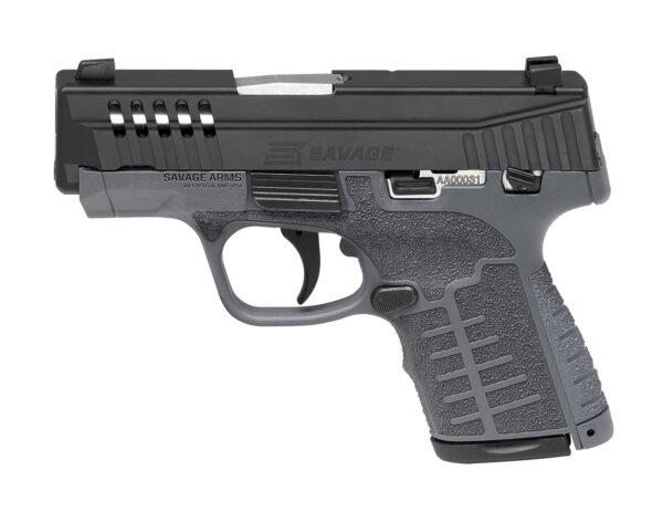 Black and gray semi-automatic handgun with textured grip, designed by savage arms.