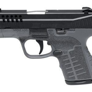 Dark gray and black semi-automatic pistol by savage arms, textured grip, right-facing, on white background.