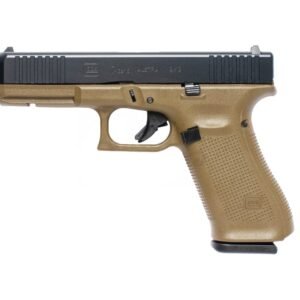 A black and tan pistol with textured grip, showing the side profile against a plain white background.