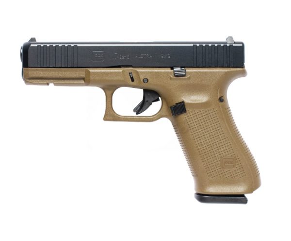 Black and tan handgun on a white background.