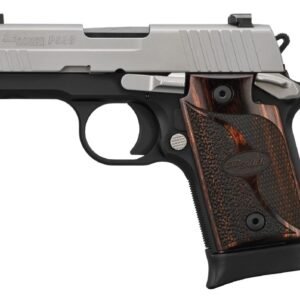 Silver and black sig sauer p938 handgun with textured wood grip.