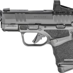 Gray semi-automatic handgun with black grip and "hellcat" and "shield" engravings.