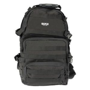 Dark olive tactical backpack with multiple compartments and MOLLE webbing, labeled "RUKX" on the front.