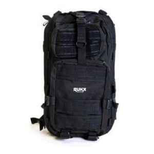 Black tactical backpack with multiple compartments and straps, labeled "Rukx Gear."