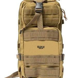 Tan tactical RUKX Gear backpack with multiple compartments and MOLLE webbing.