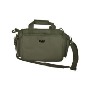 Olive green firearms gear bag with shoulder strap, labeled "RUKX Gear," suitable for transporting guns and ammo, available in Casey, Iowa.
