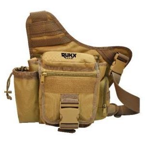 Tan tactical shoulder bag with multiple compartments and adjustable straps, designed for carrying firearms and ammo.