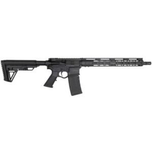 Black semi-automatic rifle with an adjustable stock and extended barrel.