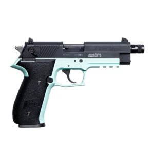 Black and mint green semi-automatic pistol with textured grip, featuring american tactical markings.