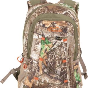 Camo backpack with "HOT SHOT GEAR TERRAIN" logo in orange, featuring green and brown forest pattern, orange accents, and olive green straps.