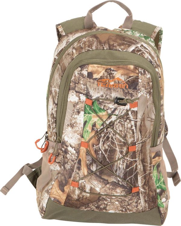 Camo backpack with "hot shot gear terrain" logo in orange, featuring green and brown forest pattern, orange accents, and olive green straps.