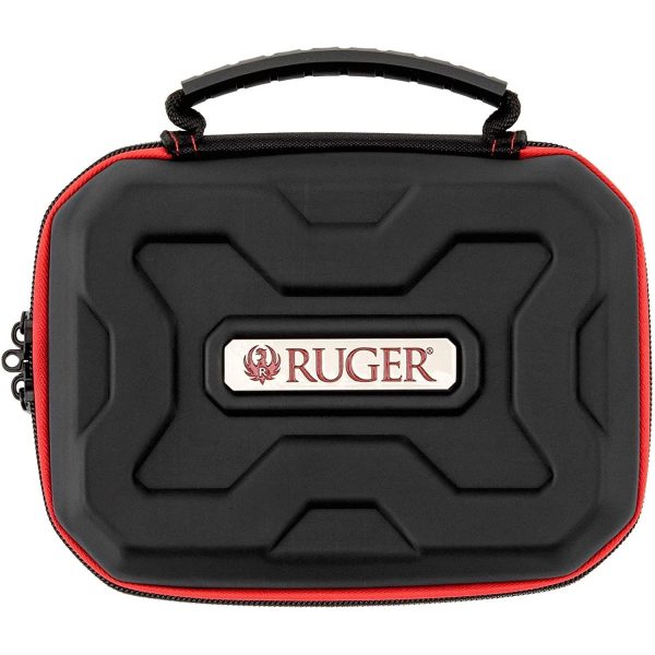 Black and red ruger firearm carrying case with a textured surface and branded logo, featuring a sturdy handle and zipper closure.