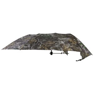 Camo-pattern firearms blind cover with brown, green, and gray leafy design, suitable for hunting.