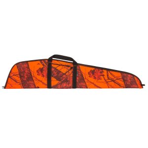 Orange camouflage gun bag with black handles and a zipper closure.