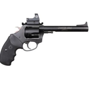 A black charter arms revolver with a long barrel and optic sight, featuring textured grips and "made in usa" engraved on the side.