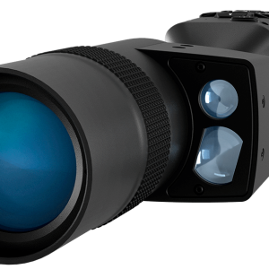 Black ATN X-Sight 5 rifle scope with blue-tinted lens and textured focus ring, featuring dual-camera system.