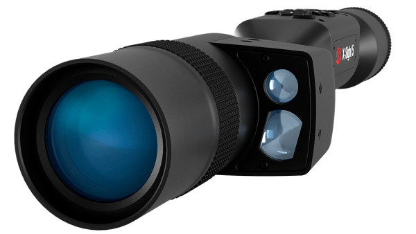 Black atn x-sight 5 rifle scope with blue-tinted lens and textured focus ring, featuring dual-camera system.
