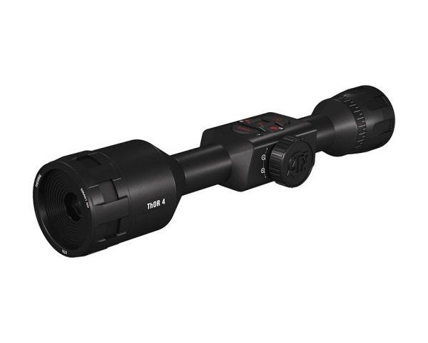 Black atn thor 4 rifle scope with detailed control buttons, featuring branding and adjustment dials for firearms enthusiasts in casey, iowa.