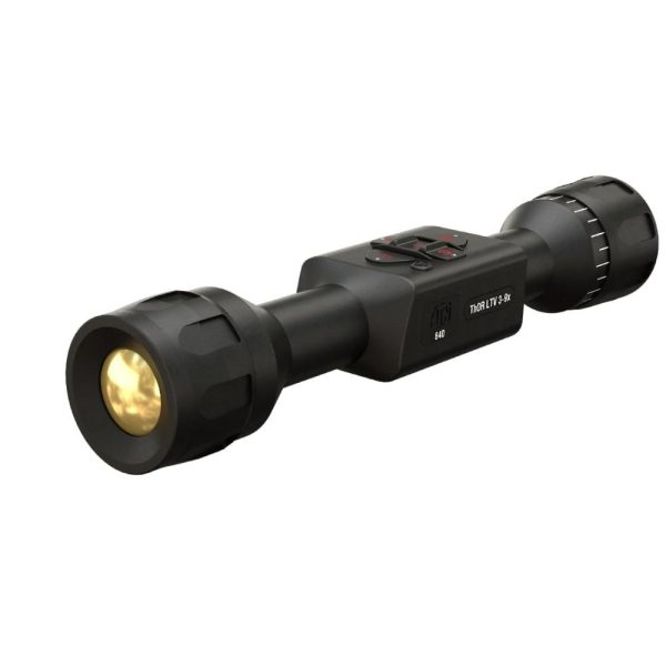 Tactical black rifle scope with cylindrical ends and a central control unit featuring buttons, labeled "thor ltv 3-9x," against a white background.