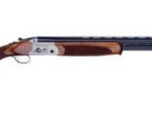 Over-under shotgun with a polished wooden stock and black dual barrels.