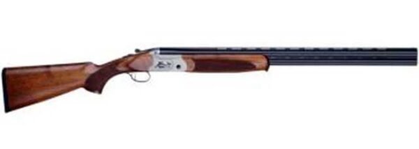 Over-under shotgun with a polished wooden stock and black dual barrels.