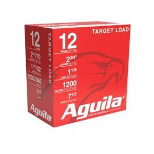 Red box of aguila 12 gauge target load ammunition; labeled with specifications such as 2 3/4" length, 1 1/8 oz load, and 1200 fps velocity; featuring an eagle graphic.