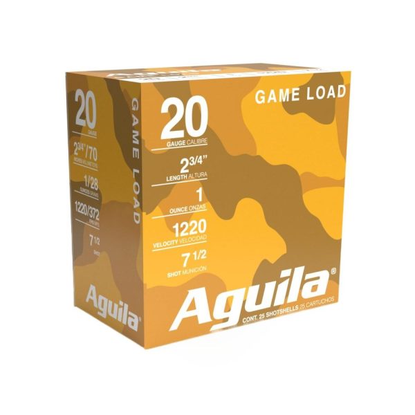 Box of aguila 20 gauge game load shotgun shells with camouflage pattern in shades of yellow and brown, displaying specifications such as 2 3/4" length, 1 ounce weight, and 1220 velocity.