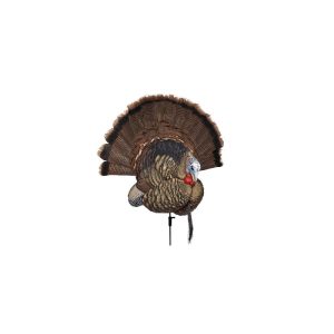 A lifelike turkey decoy with detailed brown and black feather patterns, a blue and red head, set against a white background.