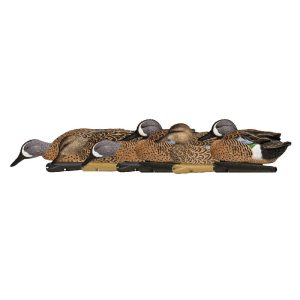 Decoy ducks arranged in a row, featuring detailed brown and black feather patterns with blue accents.