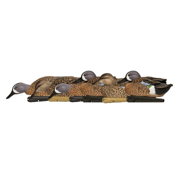 Decoy ducks arranged in a row, featuring detailed brown and black feather patterns with blue accents.