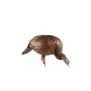 A detailed, realistic brown turkey decoy with intricate feather patterns, perched on a thin pole against a white background.
