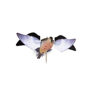 A lifelike, flying bird decoy with detailed brown and black plumage, positioned against a white background.