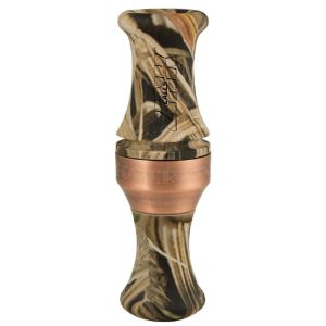 Camo duck call with brown and beige patterns and a copper band in the middle.