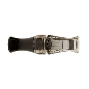A black and translucent gray duck call with engraved details on the barrel.
