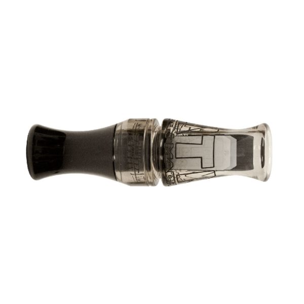 A black and translucent gray duck call with engraved details on the barrel.