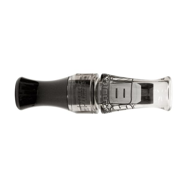 Transparent and black duck call with intricate design details.