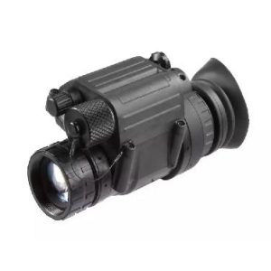 Black night vision monocular with lens and focus adjustment knobs.