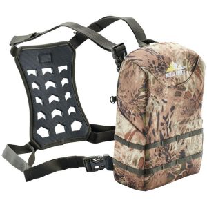 Camouflage-patterned backpack with dark green straps and back padding, labeled "Butler Creek."