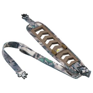 Adjustable camouflage rifle sling with green, brown, and tan tones featuring a padded shoulder strap and quick-release buckles, ideal for firearms and ammo transport in Casey, Iowa.