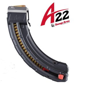 Black savage arms a22 magazine with visible brass ammunition, featuring a red logo and text on a white background.