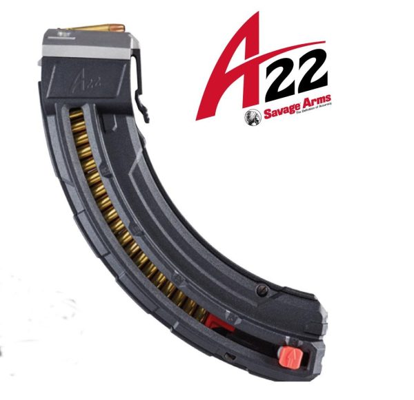 Black savage arms a22 magazine with visible brass ammunition, featuring a red logo and text on a white background.