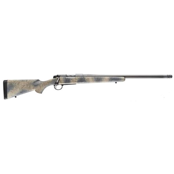 Camouflage-patterned bolt-action rifle with a long barrel and black buttstock, featuring green, tan, and dark gray colors.