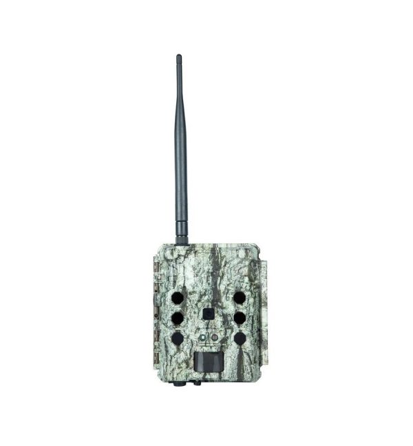 Camo trail camera with black antenna, featuring tree bark pattern and multiple sensors on the front.