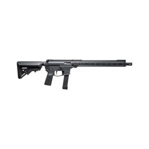 Black semi-automatic rifle with a long barrel and adjustable stock against a white background.