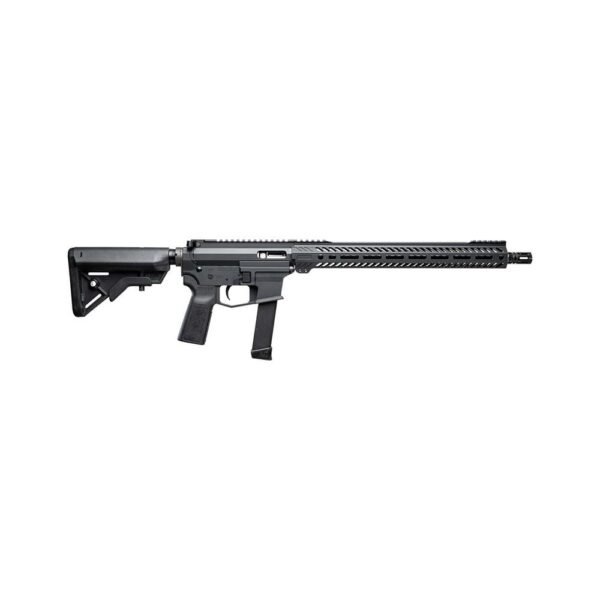 Black semi-automatic rifle with a long barrel and adjustable stock against a white background.