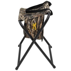 Camo backpack with shooting stool seat on black metal frame, featuring a yellow Browning logo, associated with firearms and ammo, Casey, Iowa.