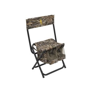 Camouflage folding chair with attached mesh storage bag featuring a black frame.